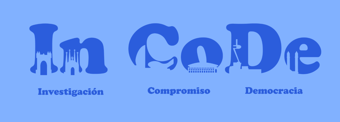 In CoDe: tecnología feminista desde Barcelona Logo de In CoDe sobre el skyline de Barcelona, representando tecnología feminista y compromiso ciudadano.